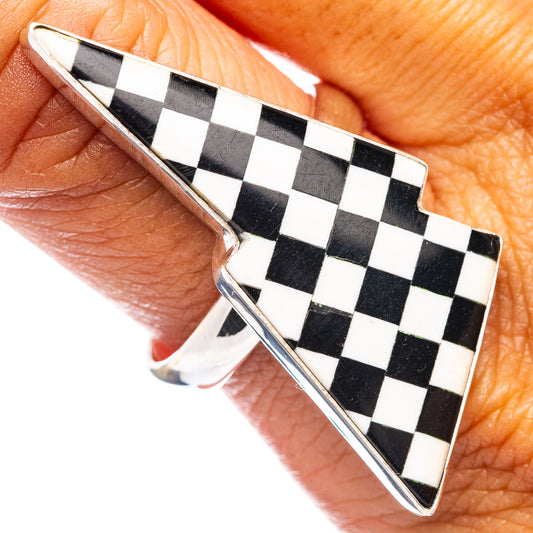 Sterling silver checkered bolt ring with black-and-white enamel, size 10