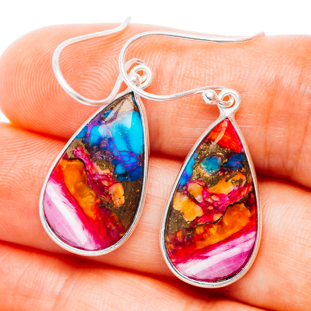 Pink Dahlia Turquoise Earrings 1 1/2" (.925 Sterling Silver)