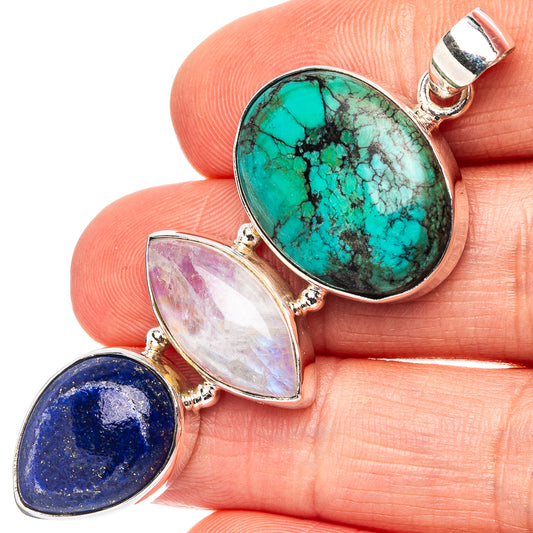 Sterling silver pendant with turquoise, lapis, and opalescent moonstone ovals