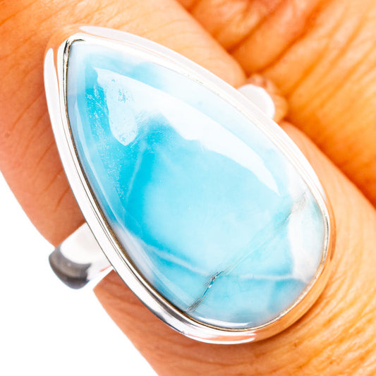 Sterling silver larimar ring with large teardrop light blue gemstone