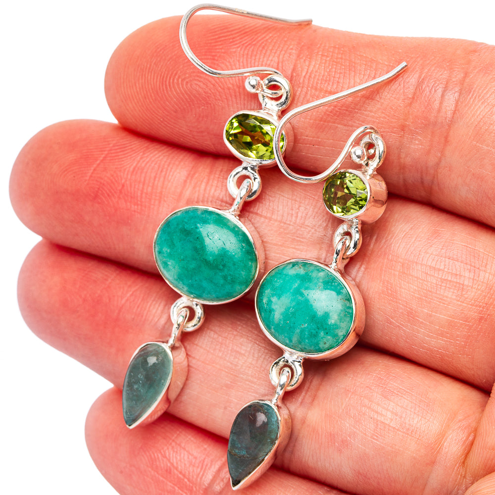Premium Amazonite, Green Fluorite, Peridot Earrings 2 1/8" (.925 Sterling Silver)