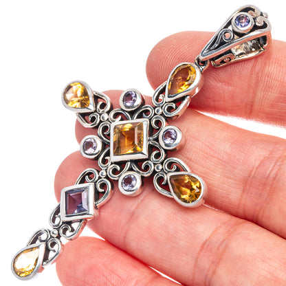 Faceted Citrine Cross Pendant 2 3/4" (925 Sterling Silver) P40074
