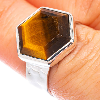 925 sterling silver tiger eye ring with faceted hexagonal golden-brown gemstone