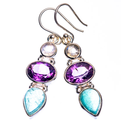 Aquamarine, Amethyst, Rainbow Moonstone Earrings 1 3/4" (925 Sterling Silver) E432635