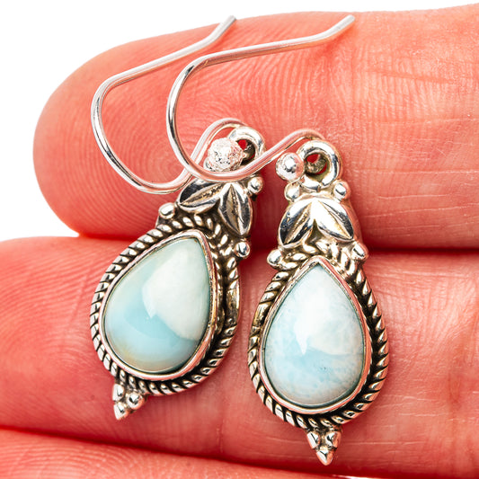 Sterling silver Larimar teardrop drop earrings with ornate leaf setting