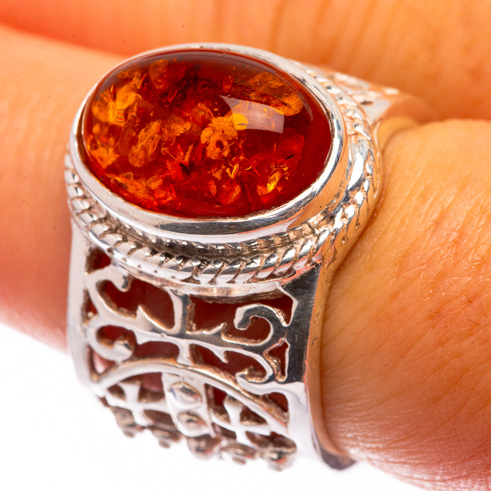 Large oval amber cabochon ring, 925 sterling silver filigree band, size 6.5