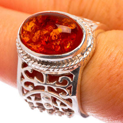 Large oval amber cabochon ring, 925 sterling silver filigree band, size 6.5