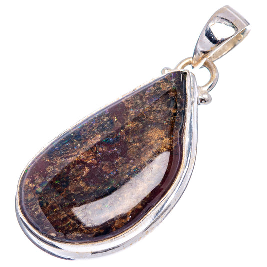Sterling silver ammolite teardrop pendant with dark blue-brown stone and glossy finish