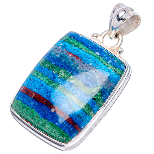 Square sterling silver pendant with blue, green, red striped gemstone cabochon
