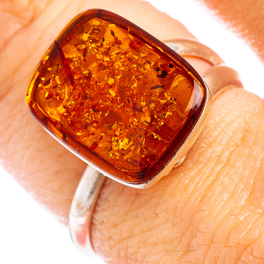 Amber gemstone ring with silver bezel, square setting, adjustable band