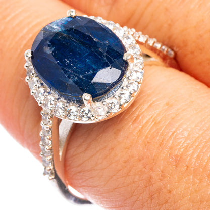 Sterling silver ring with faceted blue kyanite centerpiece and cubic zirconia halo