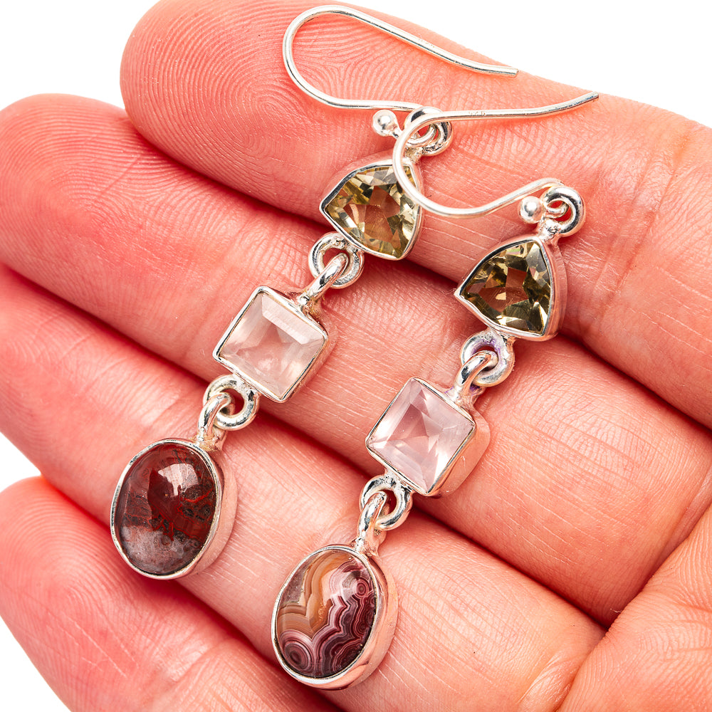 Premium Crazy Lace Agate, Rose Quartz, Lemon Quartz Earrings 2 1/8" (.925 Sterling Silver)