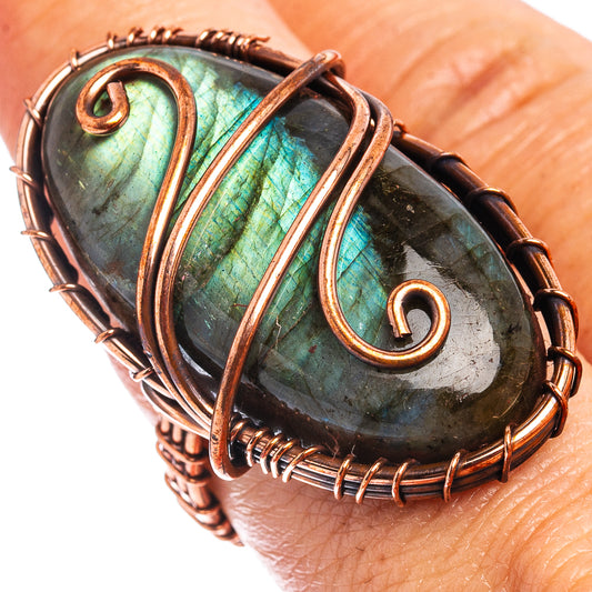 Oxidized copper wire-wrap labradorite ring with teardrop stone, size 7.5