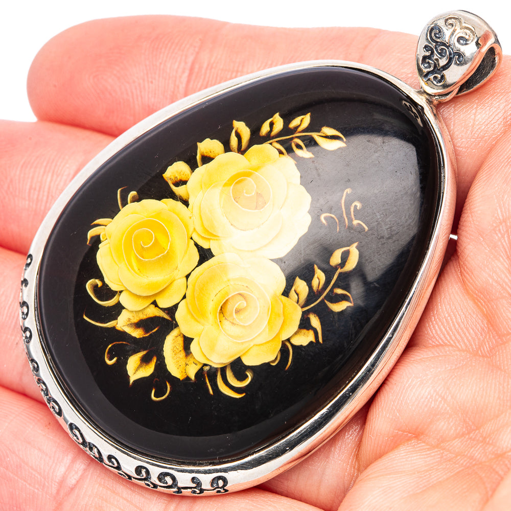 Amber Intaglio Rose Pendant 2 3/8" (925 Sterling Silver) P42591