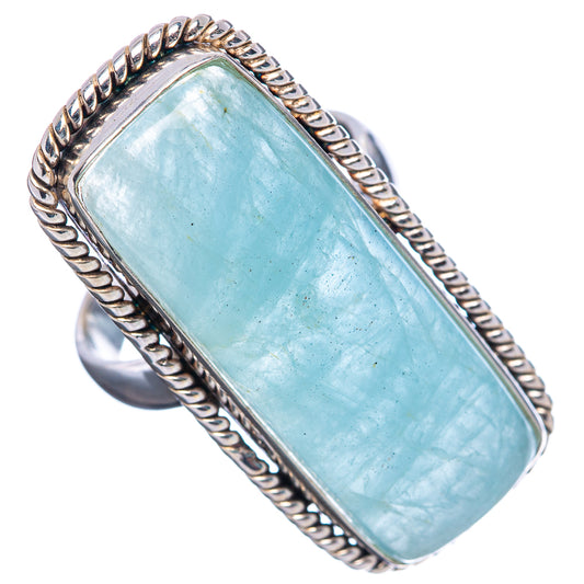 Aquamarine rectangular stone ring in .925 sterling silver, rope-edged setting, size 6.