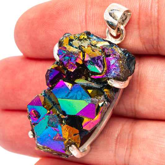 Sterling silver aura quartz pendant with iridescent rainbow crystal, prong-set bail