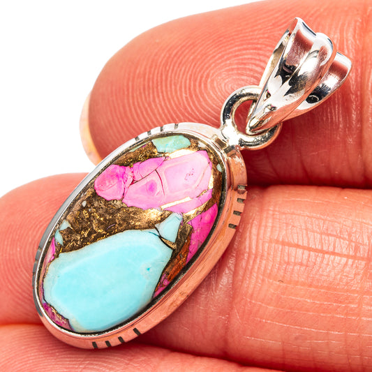 Oval sterling silver pendant with turquoise and pink inlay stone, open bail