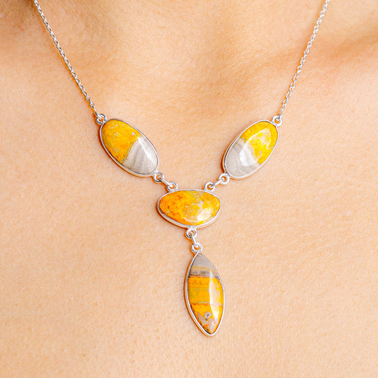Bumblebee jasper necklace with five teardrop cabochon pendants in yellow and orange, silver chain