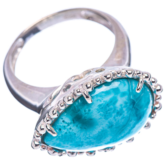 Larimar oval-stone ring with ornate silver prong setting, size 6.75, side view