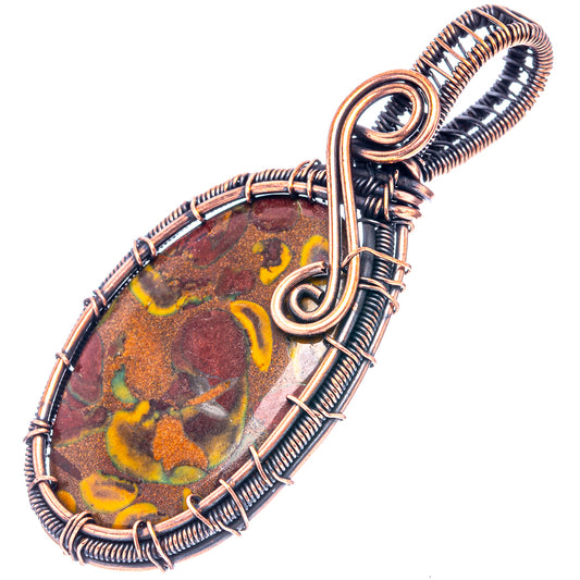 Oxidized copper wire-wrapped oval jasper pendant with spiral wire framing
