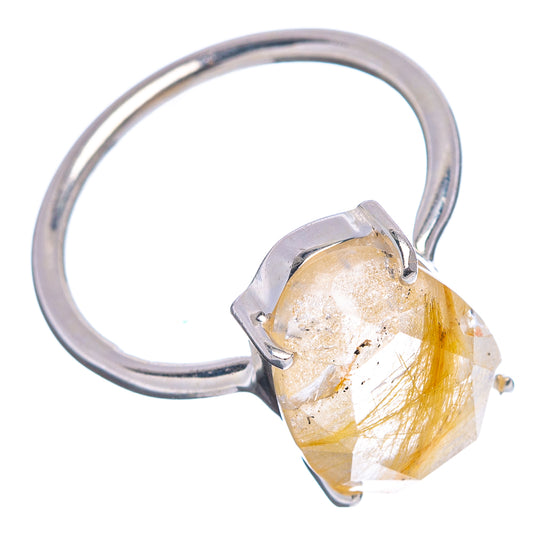 Sterling silver ring with faceted rutilated quartz oval stone, silver prongs on round band