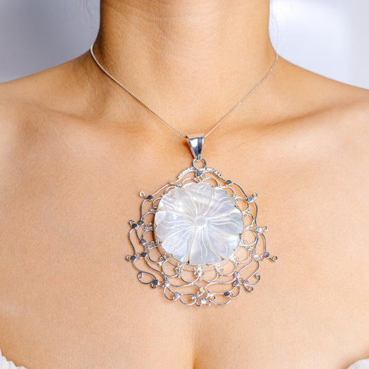 925 sterling silver mother-of-pearl pendant with round iridescent center and filigree frame