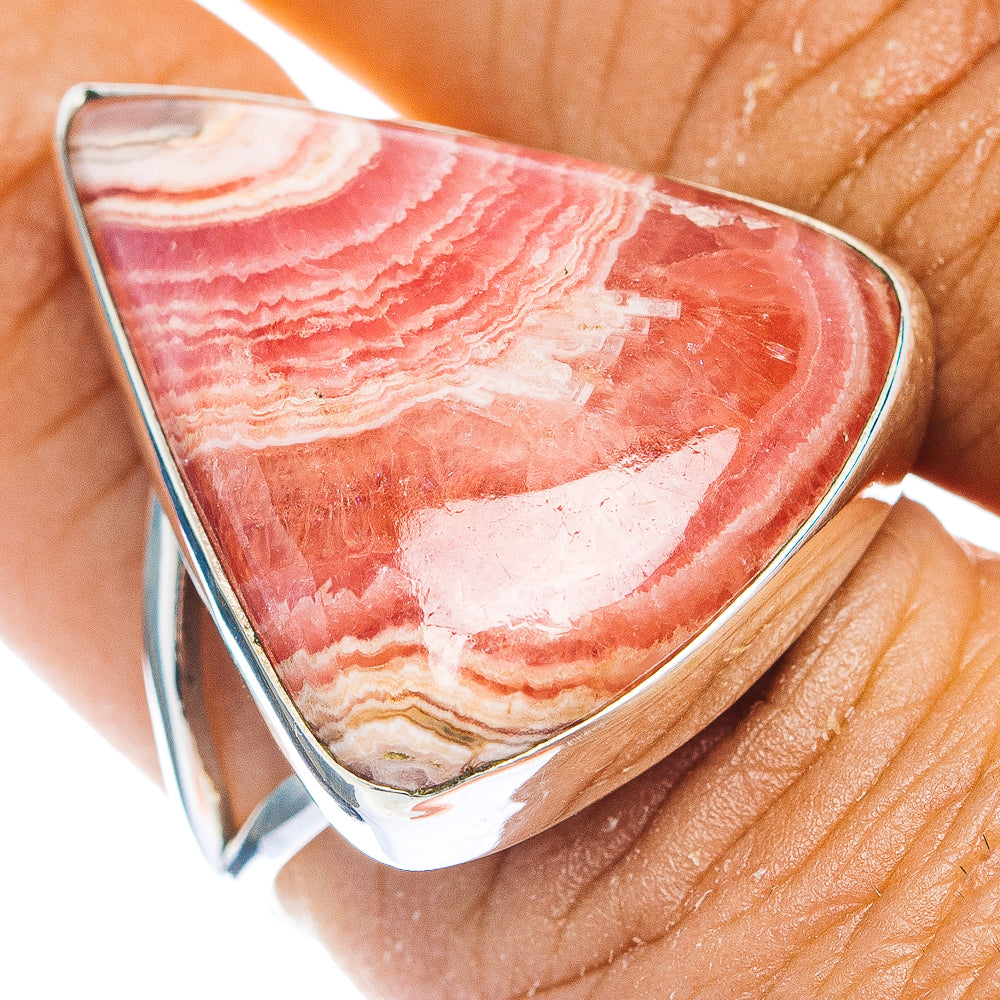 Sterling silver teardrop rhodochrosite bezel ring, size 8