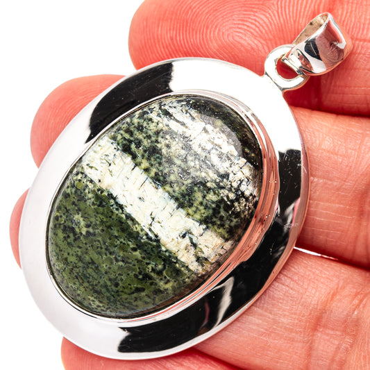 Oval green opal pendant in polished sterling silver bezel setting