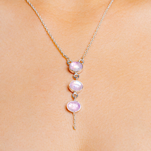 Sterling silver necklace with three pink oval moonstone drops