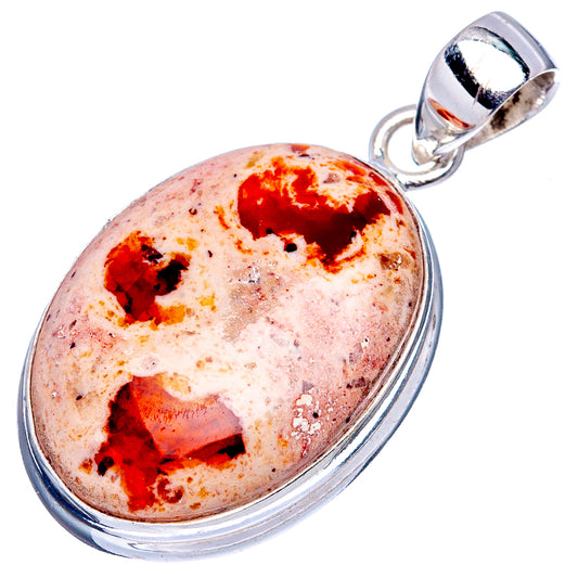 Oval fire opal pendant with round sterling silver frame and bail, speckled orange-red stone