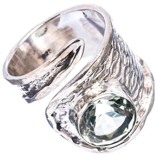 Sterling silver adjustable ring with textured band and oval green amethyst stone