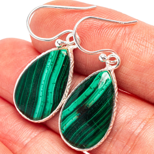 Malachite teardrop earrings in .925 sterling silver with green stone and hook backs