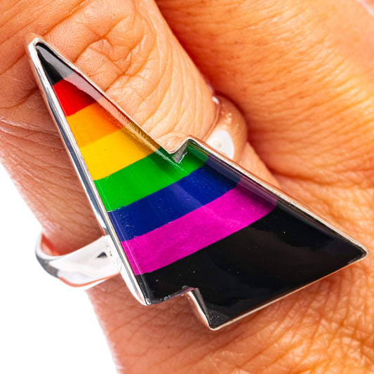 Sterling silver rainbow bolt ring with black enamel and rainbow stripes, size 9.5