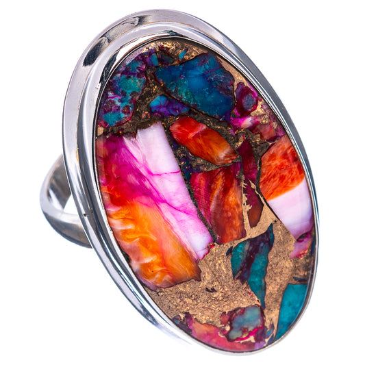 Oval multicolor gemstone inlay sterling silver ring with band, angled view