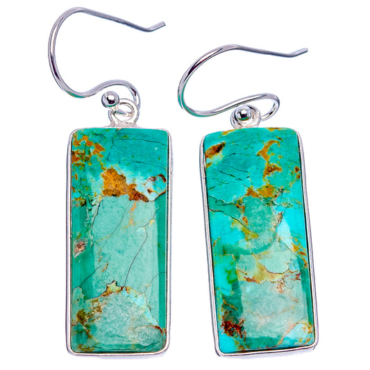Turquoise rectangle drop earrings with .925 sterling silver ear wires, visible stone matrix