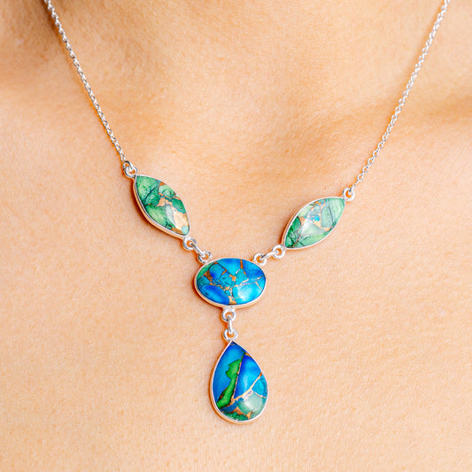 Sterling silver necklace with blue-green oval and teardrop turquoise-style charms