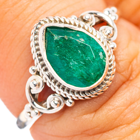 Green teardrop sillimanite ring in .925 sterling silver, ornate braided bezel