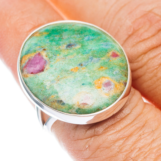 925 sterling silver ring, oval green fuchsite with purple ruby fleck