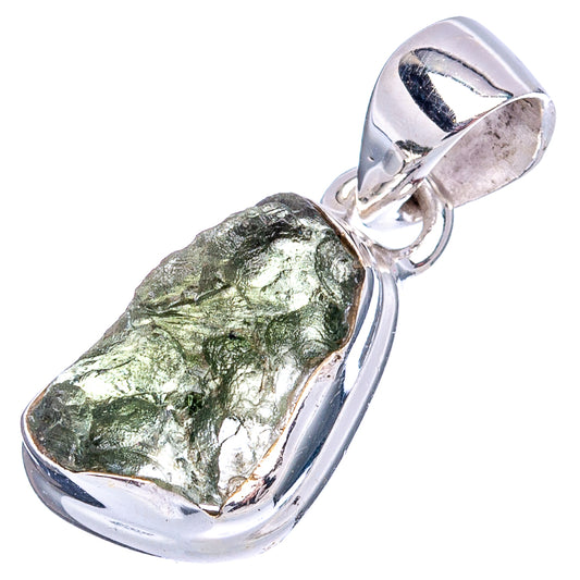 Sterling silver moldavite pendant featuring a rough green gemstone in a bezel
