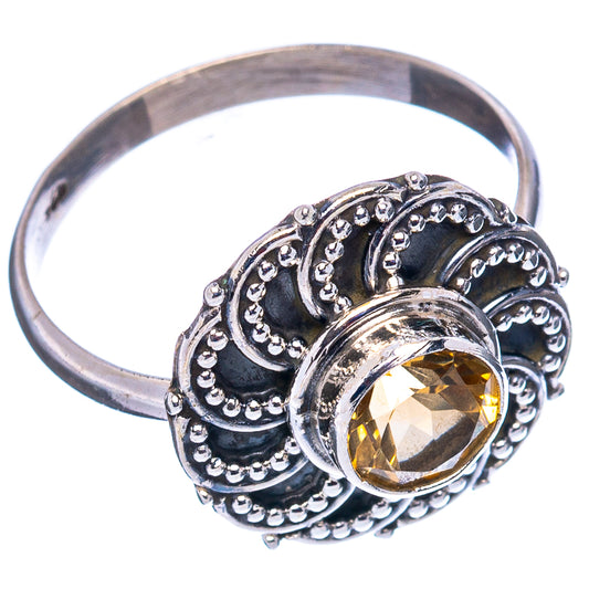 Round yellow citrine gemstone in ornate 925 sterling silver bezel ring