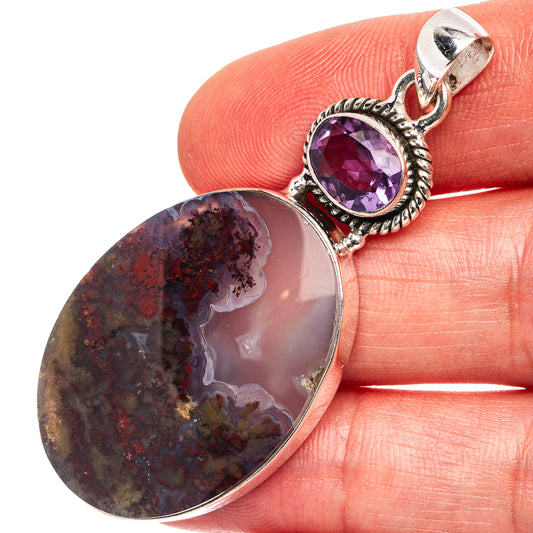 Sterling silver pendant with oval dendritic plume agate and round amethyst cabochon