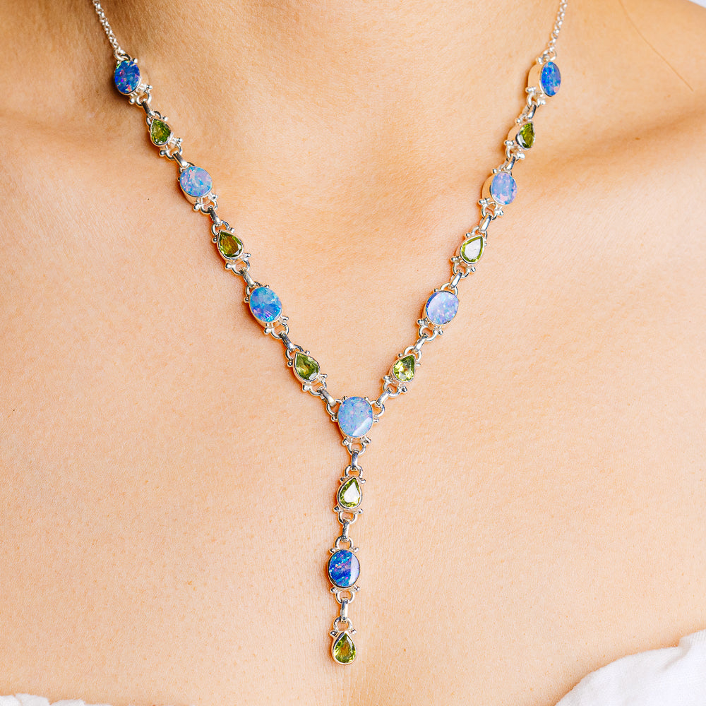 Doublet Opal, Peridot Necklace 18 to 20" (.925 Sterling Silver)