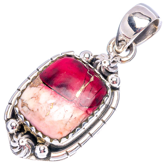 Sterling silver turquoise pendant with red and white cushion stone, decorative side scrolls
