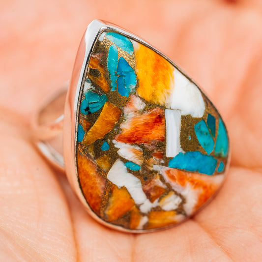 Sterling silver teardrop spiny oyster cabochon ring, turquoise, orange, and white mosaic