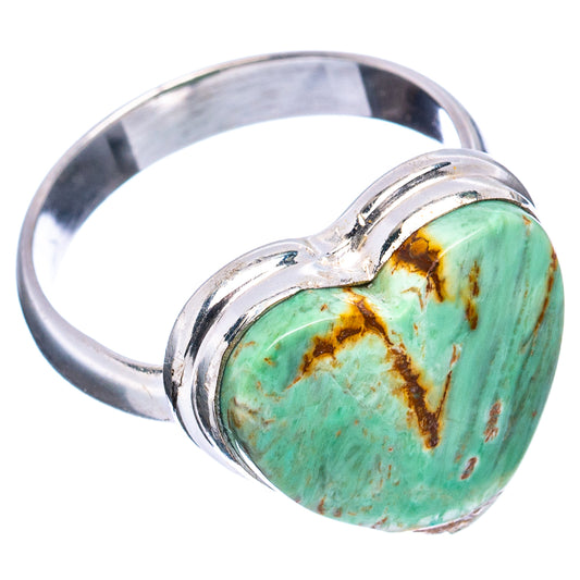 Sterling silver heart ring with green turquoise-style stone and brown streaks, size 8