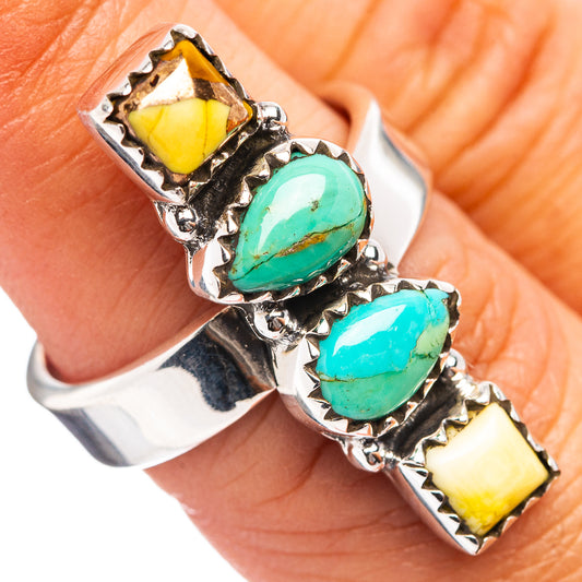 Sterling silver ring with two oval turquoise stones and yellow bezel accents