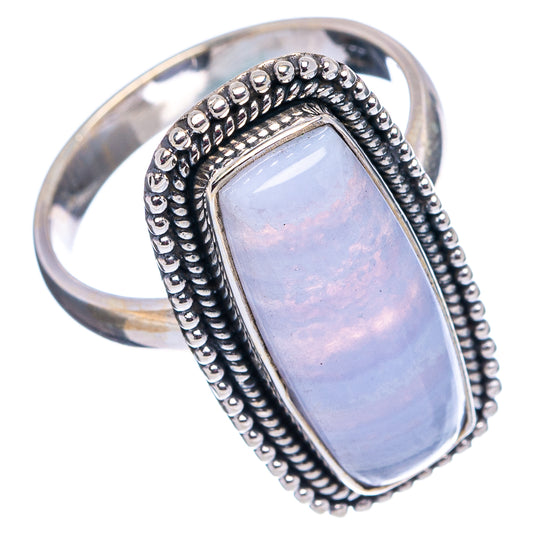 Sterling silver ring with rectangular blue lace agate set in a beaded frame