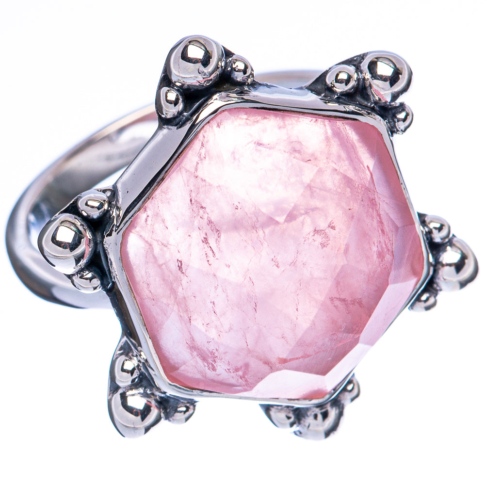 Silver ring with large octagonal pink rose quartz gemstone and decorative bezel prongs