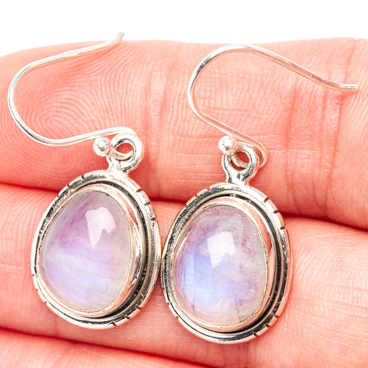 Oval iridescent moonstone drop earrings, .925 sterling silver oval bezel