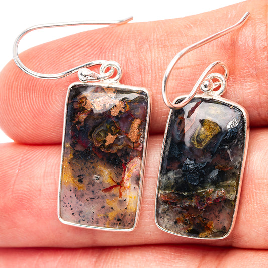 Turkish tube agate drop earrings, .925 sterling silver rectangular panels with dark blue, gold.